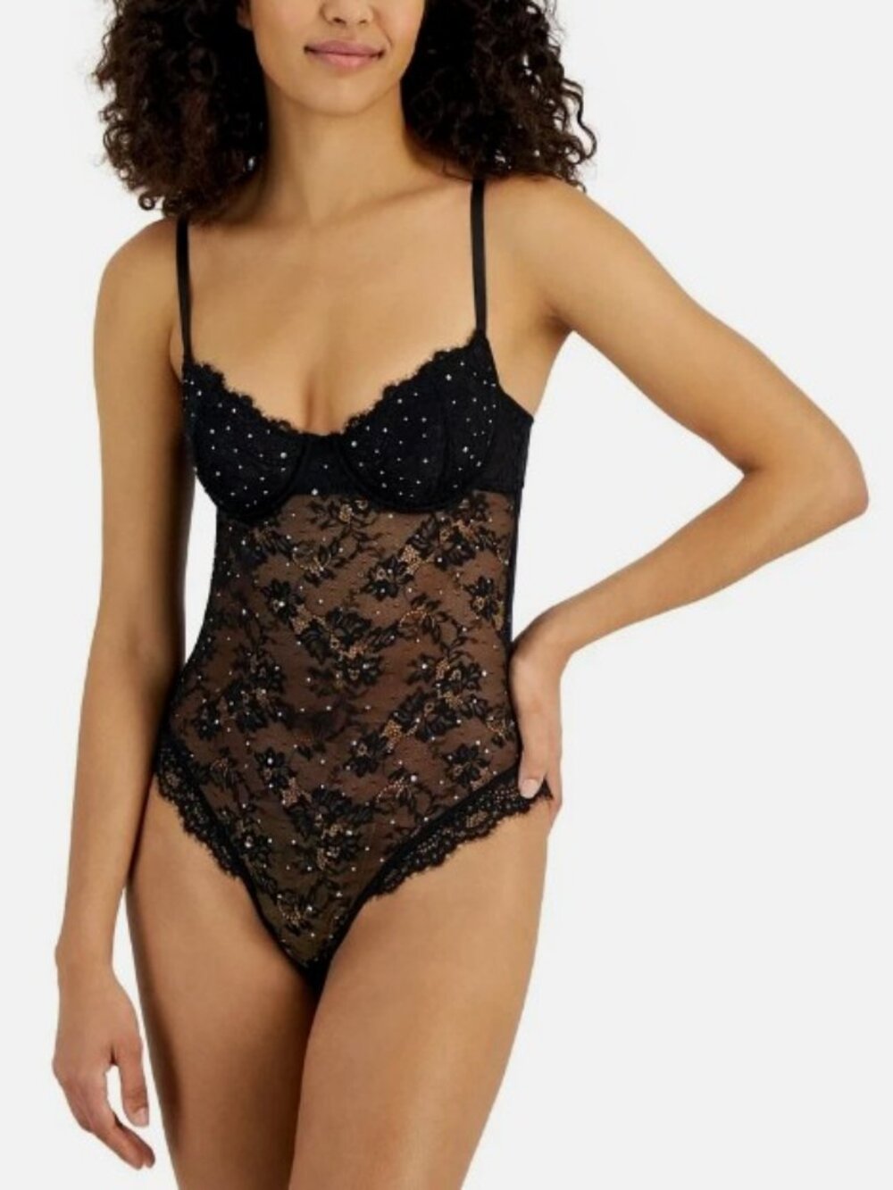 INC International Concepts embellished lace bodysuit black women's size S